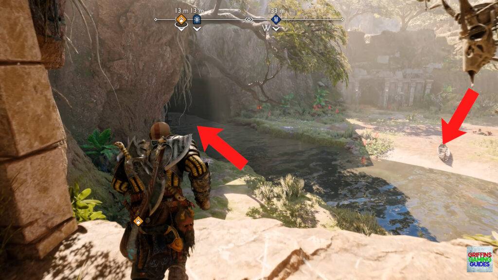 God Of War Ragnarok Crater Hunt The Burning Skies Get in Boat and Row Right