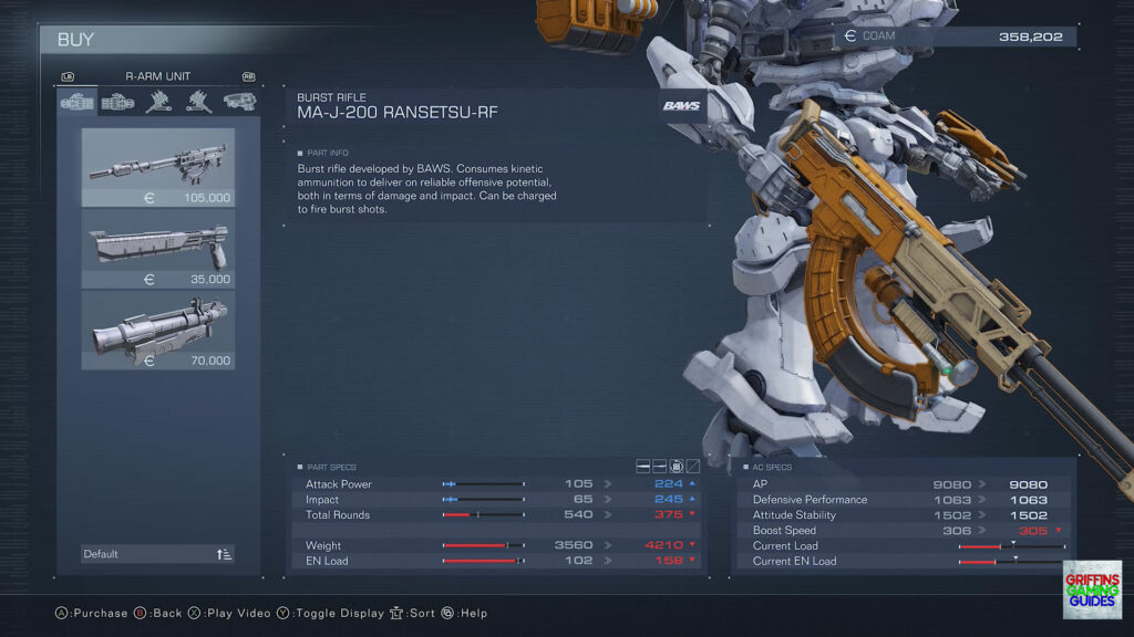 Armored Core VI Fires Of Rubicon R-Arm Unit Parts Guide MA-J-200 Ransetsu-RF Burst Rifle Weapon