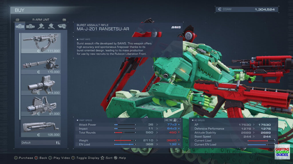 Armored Core VI Fires Of Rubicon Right Arm Parts Guide MA-J-201 Ransetsu-AR Burst Assault Rifle
