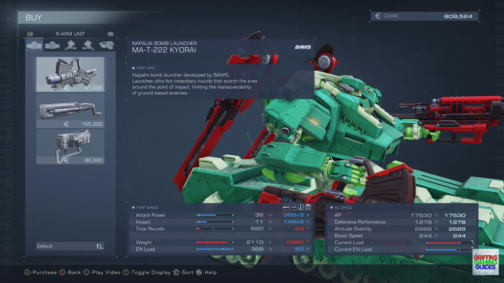 Armored Core VI Fires Of Rubicon Right Arm Parts Guide MA-T-222 Kyorai Napalm Bomb Launcher