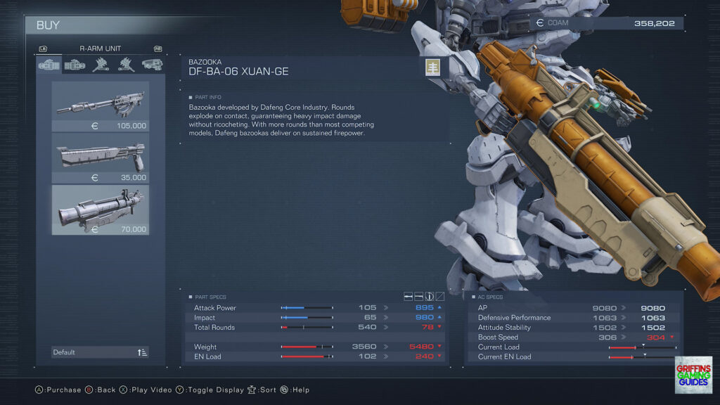 Armored Core VI Fires Of Rubicon Right Arm Unit Parts DF-BA-06-Xuan-Ge Bazooka Weapon