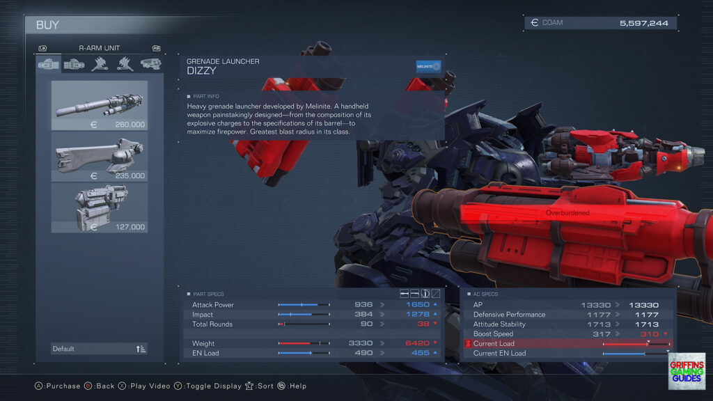 Armored Core VI Fires Of Rubicon Right Arm Unit Parts Guide Dizzy Grenade Launcher