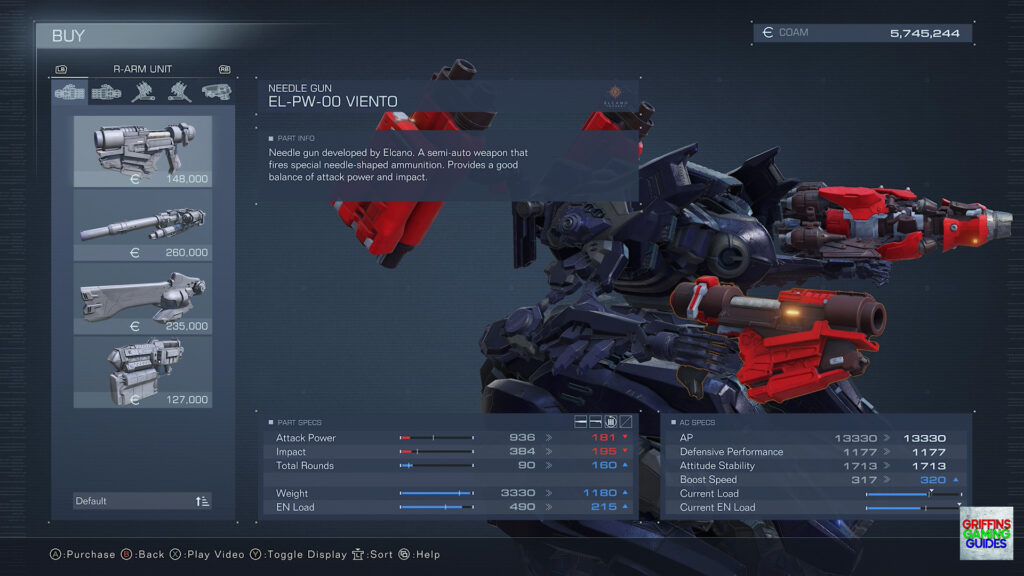 Armored Core VI Fires Of Rubicon Right Arm Unit Parts Guide EL-PW-00 Viento Needle Gun