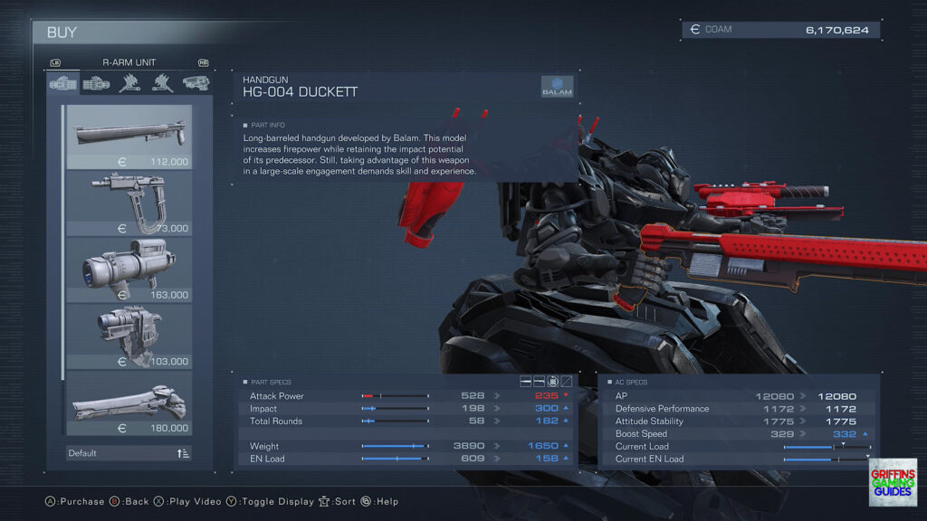 Armored Core VI Fires Of Rubicon Right Arm Unit Parts Guide HG-004 Duckett Handgun