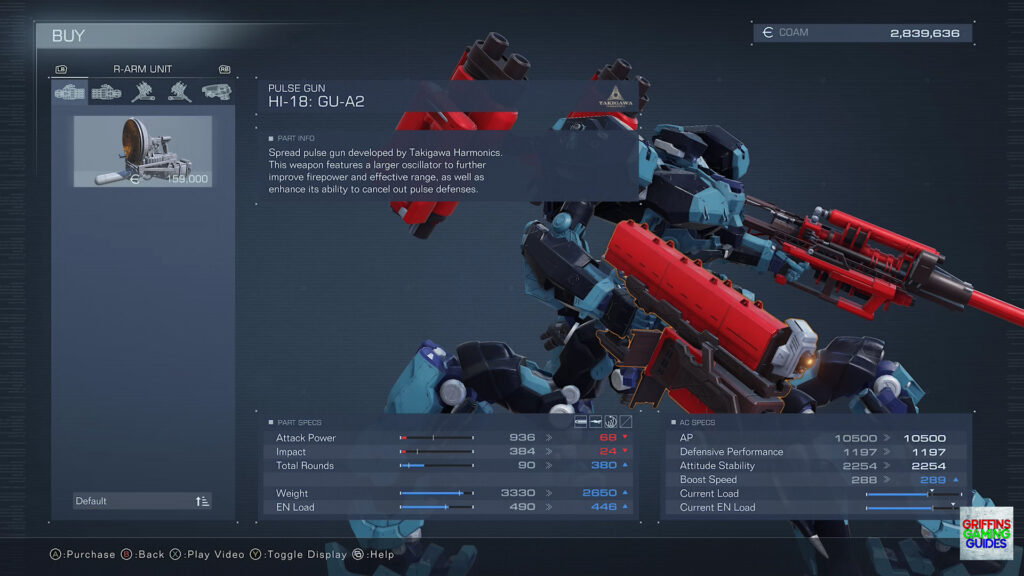 Armored Core VI Fires Of Rubicon Right Arm Unit Parts Guide HI-18 GU-A2 Pulse Gun