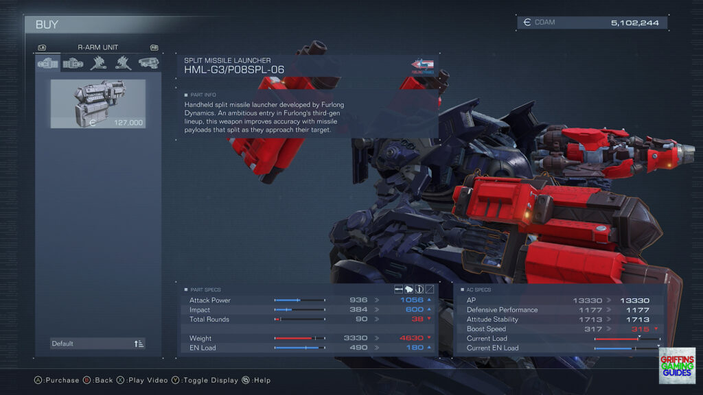 Armored Core VI Fires Of Rubicon Right Arm Unit Parts Guide HML-G3P08SPL-06 Split Missile Launcher