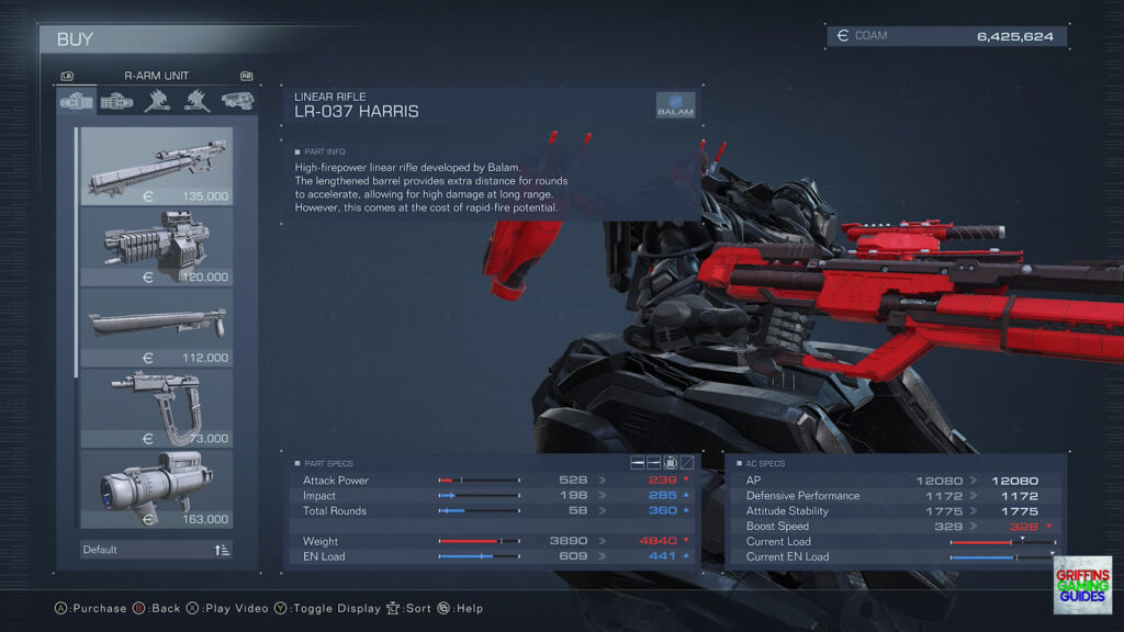 Armored Core VI Fires Of Rubicon Right Arm Unit Parts Guide LR-037 Harris Linear Rifle