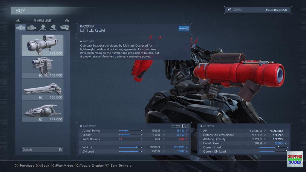 Armored Core VI Fires Of Rubicon Right Arm Unit Parts Guide Little Gem Bazooka