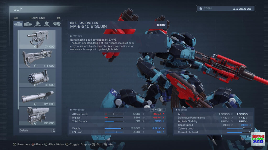 Armored Core VI Fires Of Rubicon Right Arm Unit Parts Guide MA-E-210 Etsujin Burst Machine Gun