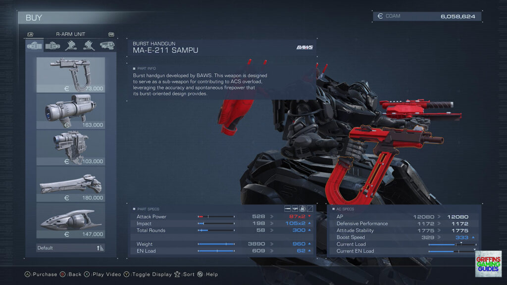 Armored Core VI Fires Of Rubicon Right Arm Unit Parts Guide MA-E-211 Sampu Burst Handgun