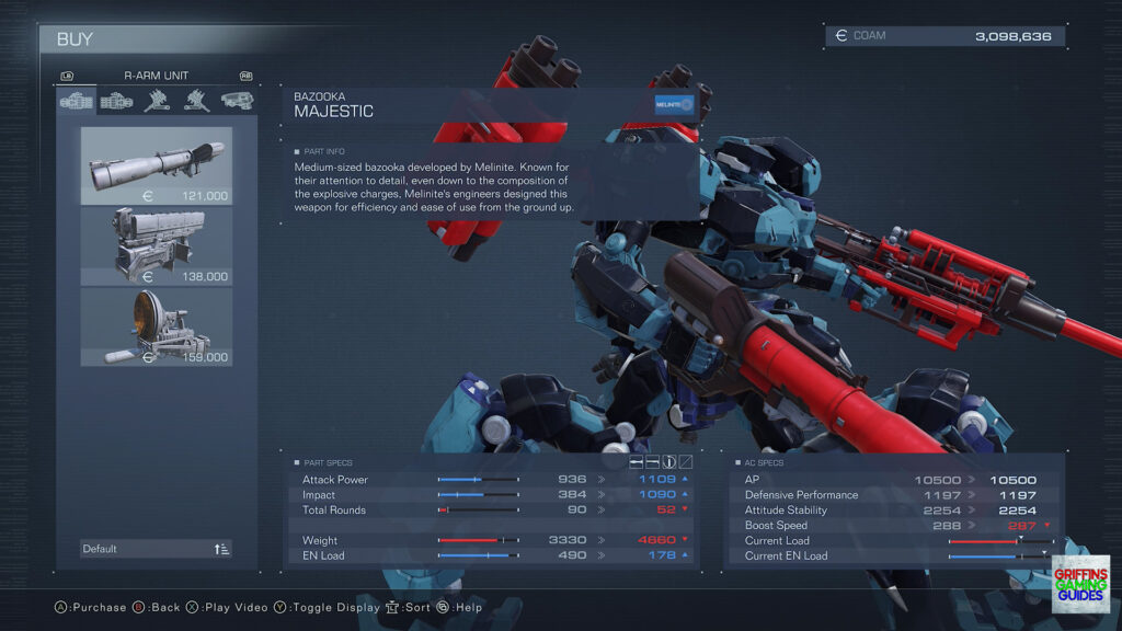 Armored Core VI Fires Of Rubicon Right Arm Unit Parts Guide Majestic Bazooka