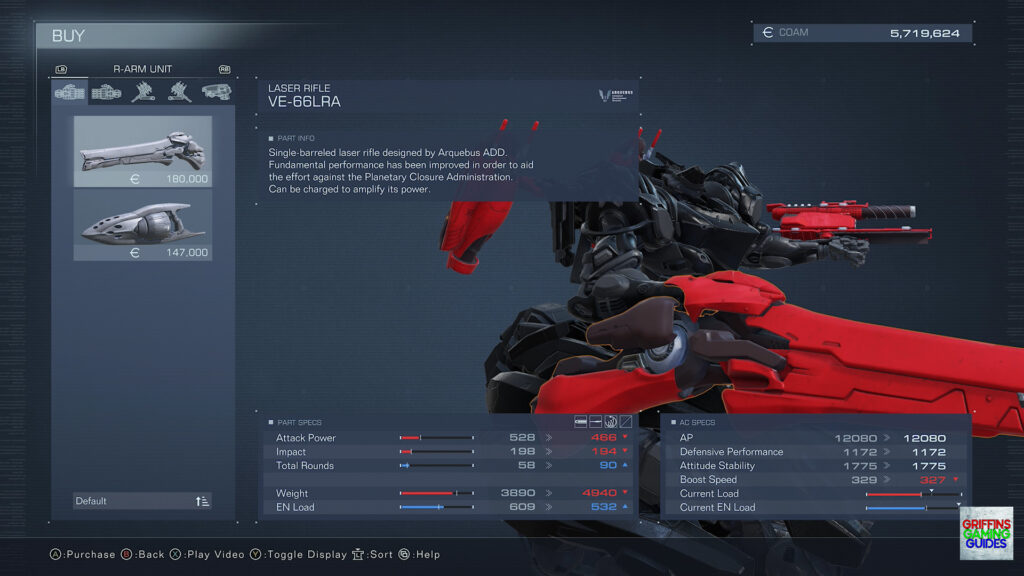 Armored Core VI Fires Of Rubicon Right Arm Unit Parts Guide VE-66LRA Laser Rifle