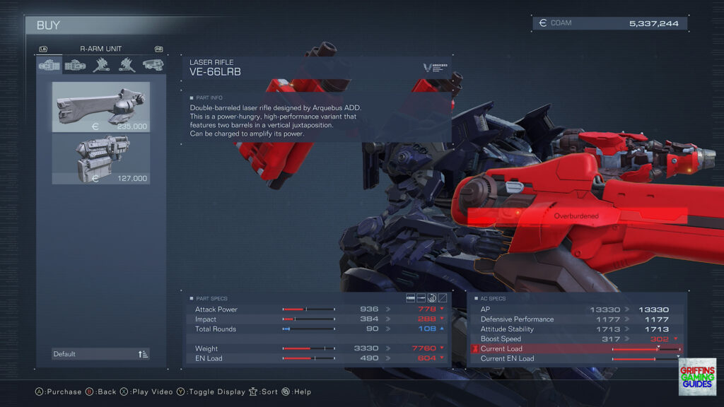 Armored Core VI Fires Of Rubicon Right Arm Unit Parts Guide VE-66LRB Laser Rifle