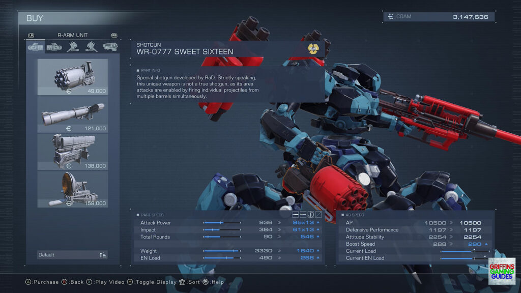 Armored Core VI Fires Of Rubicon Right Arm Unit Parts Guide WR-077 Sweet Sixteen Shotgun