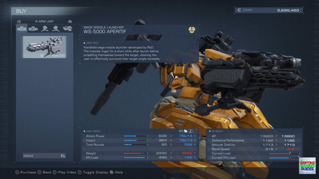 Armored Core VI Fires Of Rubicon Right Arm Unit Parts Guide WS-5000 Aperitif Siege Missile Launcher