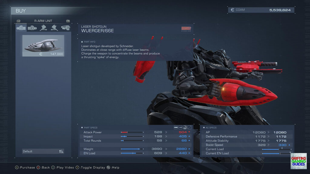 Armored Core VI Fires Of Rubicon Right Arm Unit Parts Guide Wuerger-66E Laser Shotgun