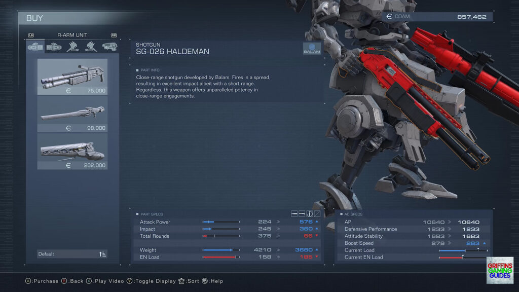Armored Core VI Fires of Rubicon Right Arm Unit Parts SG-026 Haldeman Shotgun Weapon